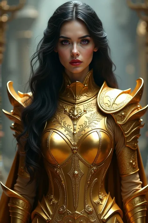 Create a woman in golden armor with luxurious details, white skin, big purple eyes, full red lips and hair as black as night