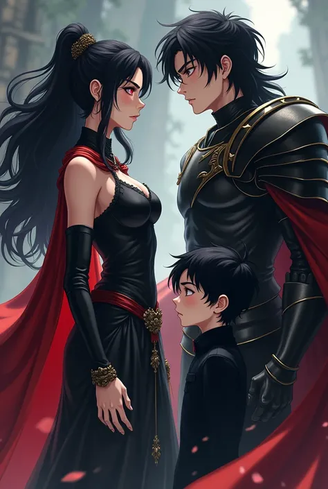 A woman around 23 with lucious long black hair and red eyes, pale skin and a beautiful face wearing a black armour and red cape, staring into the eyes of a boy. The woman has a slight smile on her face. A man around 20 having slightly long black hair reach...