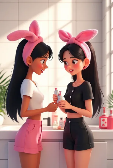 2 girls with very long straight pulled back black hair in their 20’s trying skin care products at white bathroom, one wearing pink silk shorts and white T-shirt with pink towel fabric headband with bow, the other wearing black short sleeved buttoned top an...