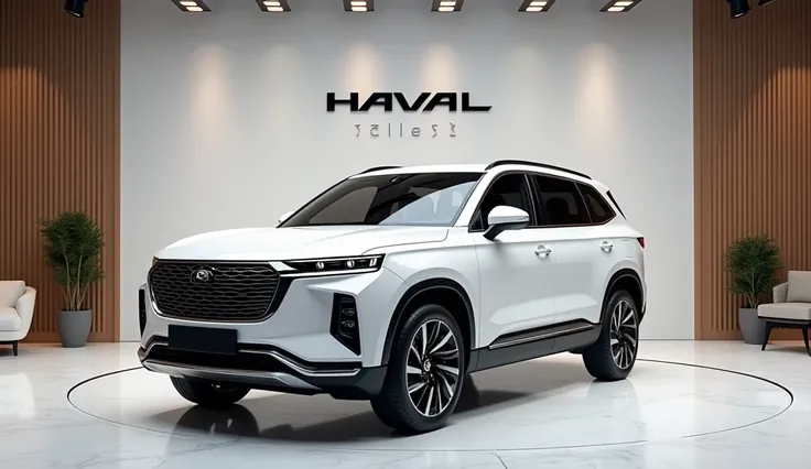 Give me a competative image of ( Haval Jolion 2025. ( white ) in showroom and the car name(Haval Jolion ) should be write on the showroom Wall 