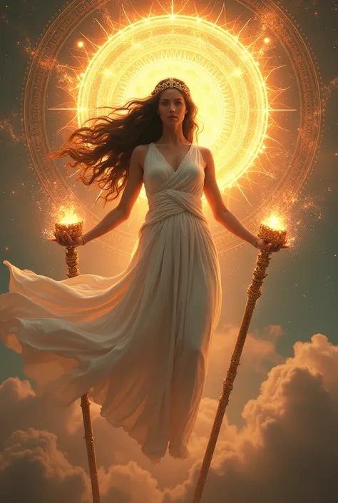 a beautiful woman, light skinned, brown eyes and long hair, wavy and dark. Wearing a tiara and a white dress in the Greek style. Holding a solar staff with a crystalline multicolored fire pyre. She is over the sun. Surrounded by images of sacred geometries...