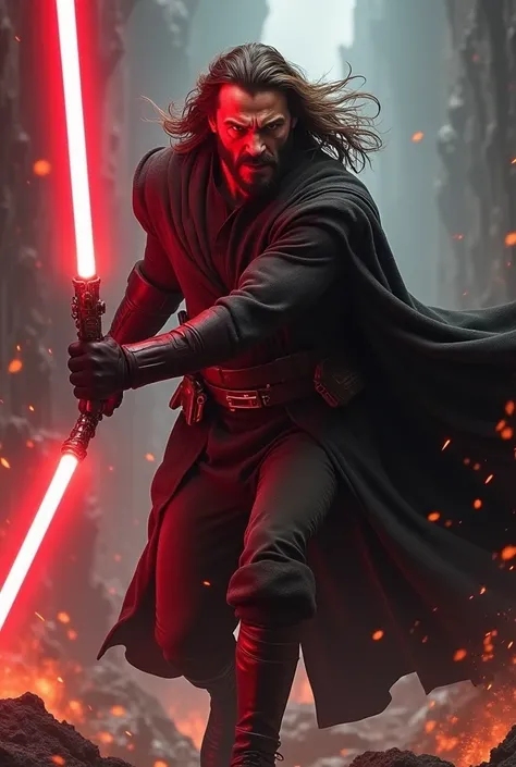  Hugh Jackman as a Sith, red lightsaber, advancing, fury, rage, anger, primal, long_hair 