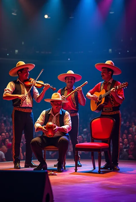 Create an image of 4 people, one with a flute and the other with a guitar., the other with maracas and the last one with a violin the image has to be as if it were a concert in the background there has to be a lot of people as if it were a concert on stage...