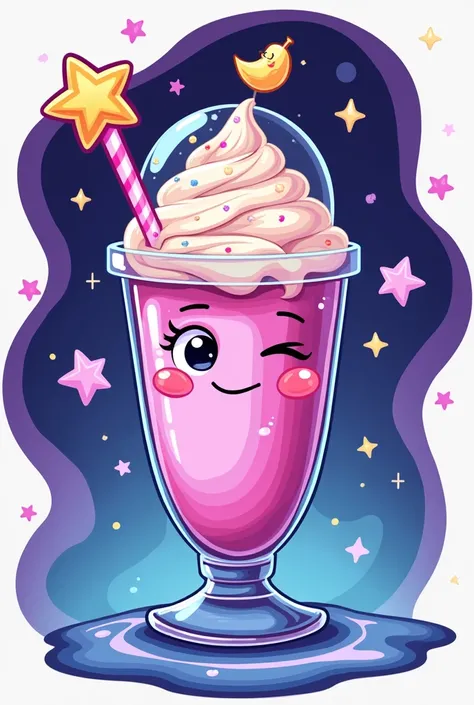 Design a galaxy-themed milkshake icon in purple and blue, with swirling starry patterns inside the cup. The milkshake is winking, holding a star-shaped straw, and has an astronaut helmet as decoration. Top it with whipped cream and a glittery moon slice fo...