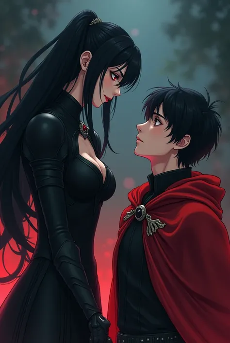 A woman around 23 with lucious long black hair and red eyes, pale skin and a beautiful face wearing a black armour and red cape, staring into the eyes of a man. The woman has a slight smile on her face. A man around 20 having slightly long black hair reach...