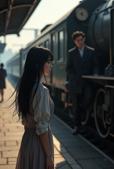 photorealism: Two lovers separated,at the train station,man gets on the train,Her black haired lover looks after her and gets sad.