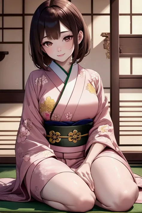 a beautiful young woman with pale skin, gradated brown eyes with highlights, brown short hair, wearing a pink and black floral kimono, sitting on a tatami mat in a traditional Japanese tea room, holding a matcha bowl with a gentle smile, natural lighting, ...