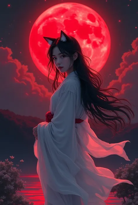 Background red moon night、Young woman in white yukata、Black Hair、Cat Eyes