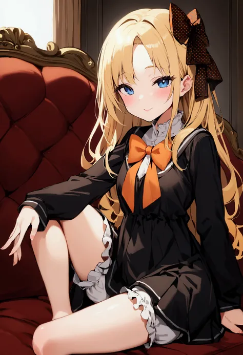 One girl、Blonde Hair、Long Hair、blue eyes、amount、Side Lock、Parted bangs、Hair Bows、Polka dot bow、Orange Bow、Black Dress、Long sleeve、Sleeves longer than wrist、Sleeves longer than your fingers、Bloomers、hat、Sitting、indoor、Sofa、A seductive smile、barefoot、put hea...