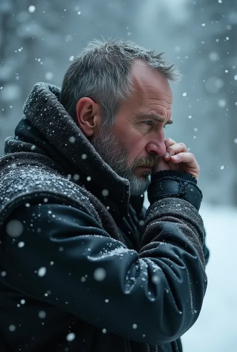 Fast: man, deep in thought, begins to feel a change in heart. His face shows a mixture of emotions - regret, surprise, and a new sense of respect. cutting, cold, world, Seems, emphasizes this point of reflection, winter, snowing, frost