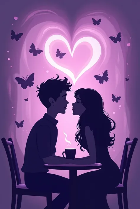 book cover, purple background with small butterflies flying, shadow of a couple in a coffee shop smoke from the coffee forms a heart, short hair man , long haired and fat woman, cartoon