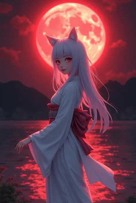 Background red moon night、Young woman in white yukata、Silver Hair、Cat Eyes、smile、
