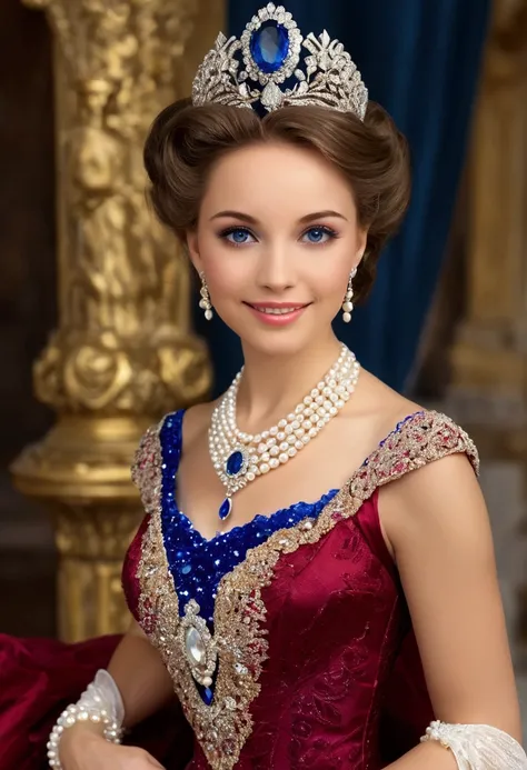 A beautiful hyperrealistic photograph of a princess, her extra long royal blue dress adorned with beautiful precious stones such as diamonds, emeralds, pearls and ruby. She is standing elegantly with a cheerful smile. The photograph is full body.