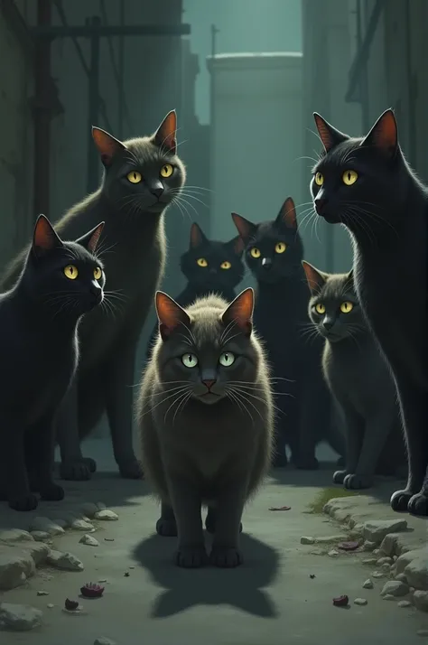 A cat is scared by a group of 6 cats