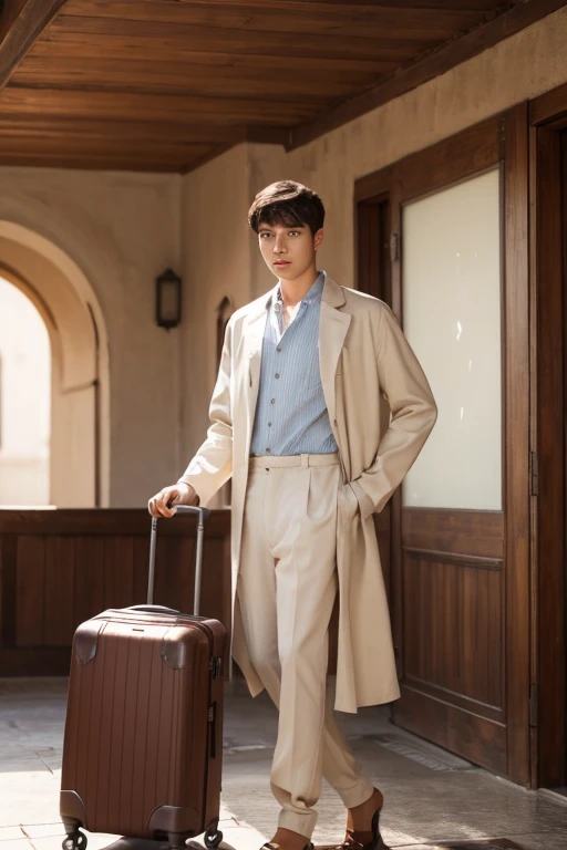 peasant man wearing modest clothes with short brown hair calm eyes and a suitcase in his hands