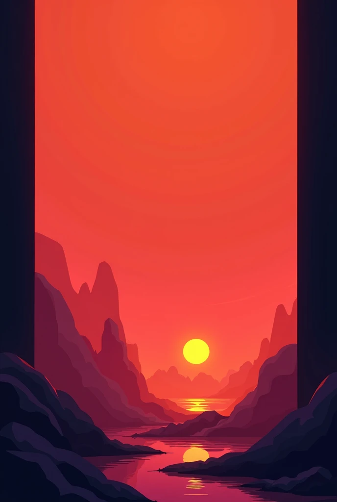 A digitial illustration with background is a gradient of orange and red, with a black border around the edges