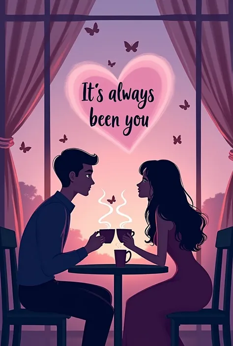 book cover, purple background with small butterflies flying, shadow of a couple in a coffee shop smoke from the coffee forms a heart, short hair man , long haired and fat woman, cartoon, written in the middle : its always been you 