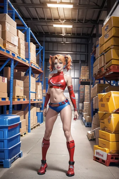 (solo women:1.5),(Harley Quinn:1.1),เสื้อสีแดง ,(warehouse:1.4)