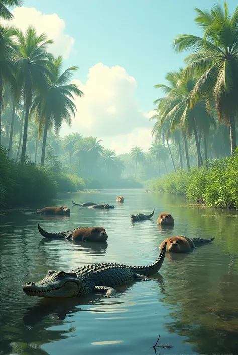 No Chapter 5: A scene from the Pantanal, with alligators and capybaras swimming.