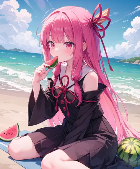 (masterpiece, Best Quality:1.2), One personで, One person, Kotonoha Akane,whole body,Perfect composition,beach,Watermelon on the ground:1.2,Eating watermelon,((Distant Angle:1.2)),Hair Ribbon:1.2,Black Dress,Wide sleeves,Expose your shoulders,stand