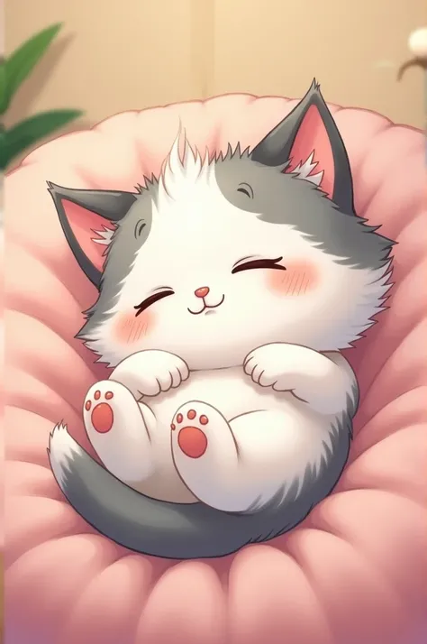 Generates a sleeping white and gray kitten stretched out with very fluffy fur cartoon version