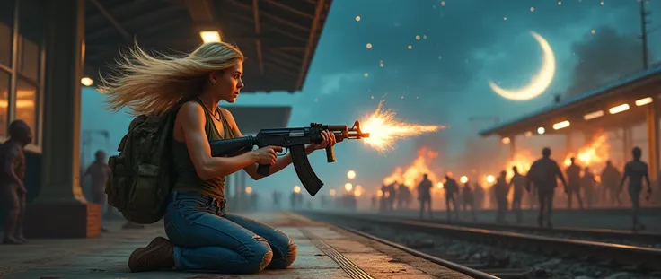 8k、Detailed photo quality、Photorealistic、Location: Train station platform、The background is a beautiful starry night sky、I can see a giant crescent moon、A fire is breaking out in a distant building district.、There are many bloody corpses lying on the platf...