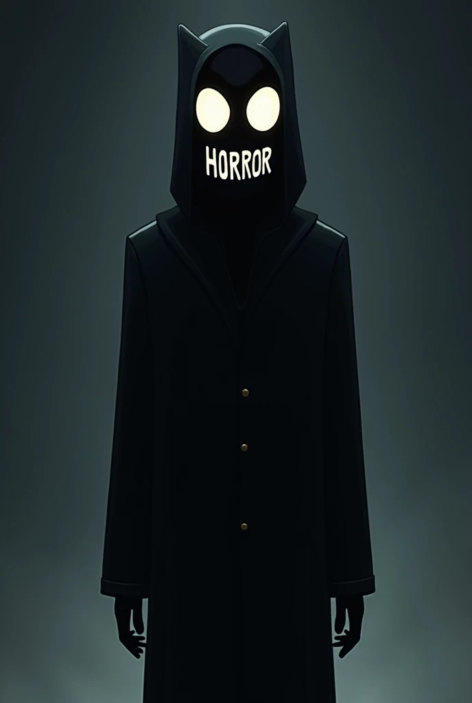 A dark faceless cartoon man with a mask that says Horror