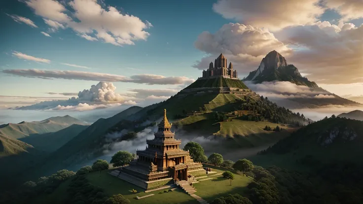 A distant view of a tall, majestic hill with a small temple perched at the top. The temple appears mysterious and wise, with mist or soft clouds surrounding it to create a mystical atmosphere. Ultra Realistic