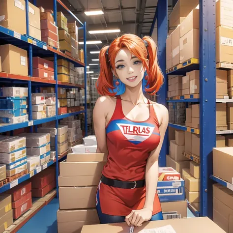 (solo women:1.5),(Harley Quinn:1.1),เสื้อสีแดง ,(warehouse:1.4)