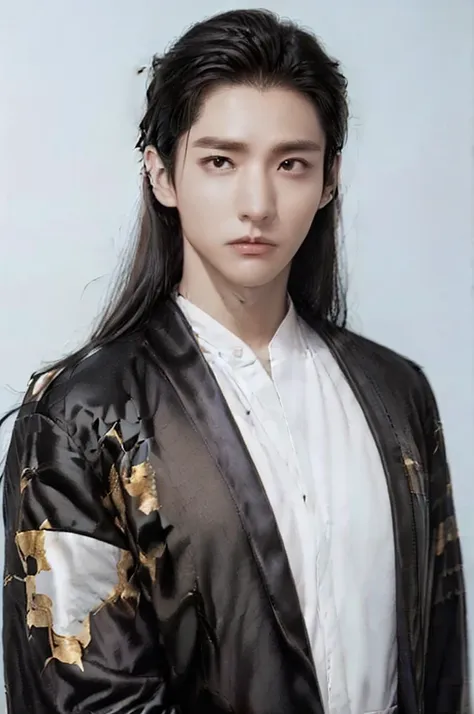 4k, young man, long black hair, handsome guy(realistically), slick face(detailed face:1.2), ดวงตาที่realistically, beautiful and...