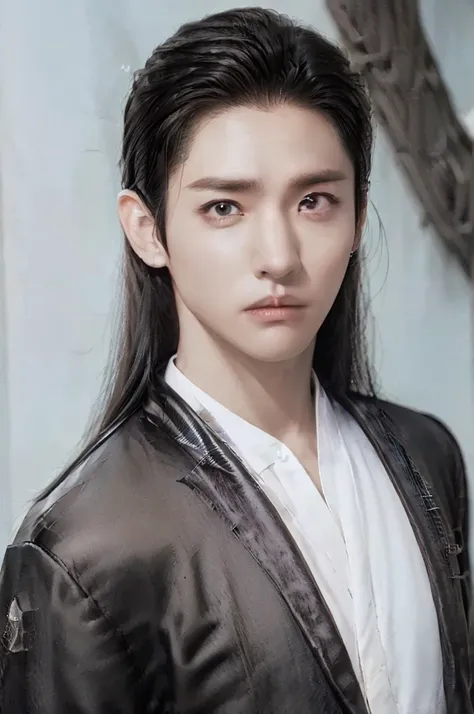 4k, young man, long black hair, handsome guy(realistically), slick face(detailed face:1.2), ดวงตาที่realistically, beautiful and...