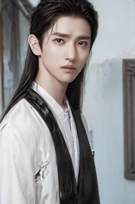 4k, young man, long black hair, handsome guy(realistically), slick face(detailed face:1.2), ดวงตาที่realistically, beautiful and...