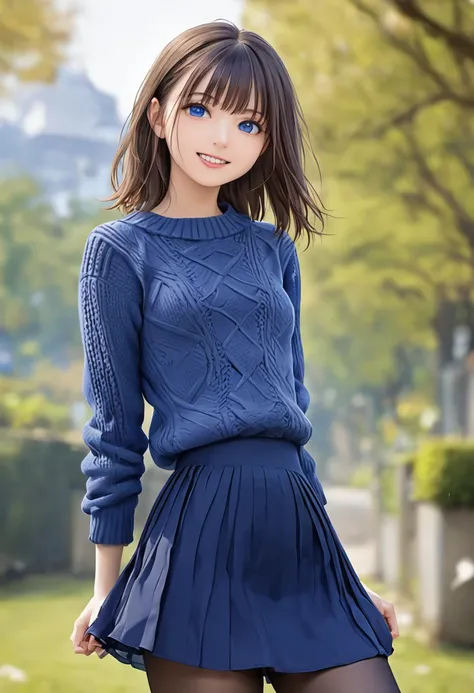 ((Long skirt)), ((Best Quality)), ((masterpiece)), (detailed), ((small breasts)), From below、1 female, 2, Smiling face Medium hair, Brown Hair, bangs, Deep blue eyes, casual, ((Knitted sweater)), Destroyed dark blue chiffon skirt, Dark blue pantyhose、Blurr...