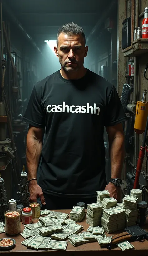 A serious criminal with a t-shirt that says cashcashh and lots of money and pills and weapons 