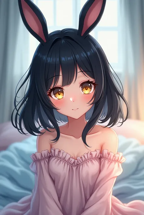 A girl with jet black hair, short nape and long sideburns placed on her shoulders, yellow eyes and black bunny ears. Wear a soft nightgown. Anime