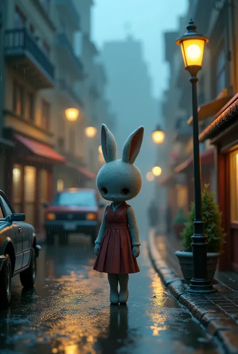 1 female, (furry, kemono:1.2), rabbit, Miniature city with a woman, featuring tiny buildings with intricate architectural details, cars parked along narrow streets, and vintage streetlights casting a soft glow. The scene is set on a rainy day, with cool co...