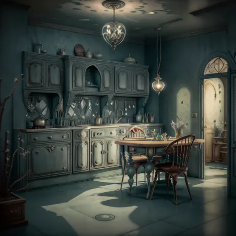 Surreal fantasy. The kitchen where anything got heart-shape. Heart shaped furniture, light fixture, refrigerator. the tiles on the floor are heart-shaped tiles. detalised, masterpiece.