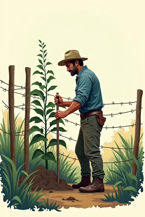 Generate vector image of a man using sticks to build a fence around a plant