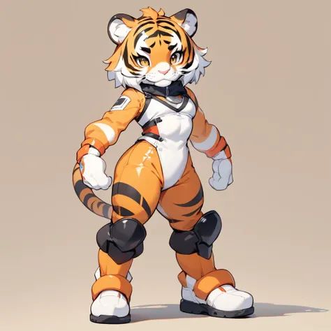 (masterpiece, best quality:1.2), 1 androgynous girl, solo, full body, (anthropomorphic Tiger, furry, kemono), simple background