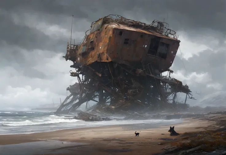 Snowy coastline Flying coastline The defeated abandoned mechas were dumped on the beach, the lonely shore, the boy and the dog. The mechanical giant sleeps, the sea breeze blows, and hope sprouts. Rusted metal, wet beach, gloomy sky, lonely back, curious e...