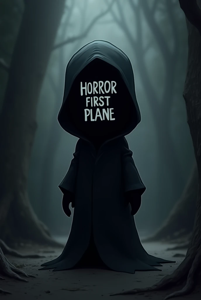 A dark faceless cartoon man with a mask that says Horror first plane