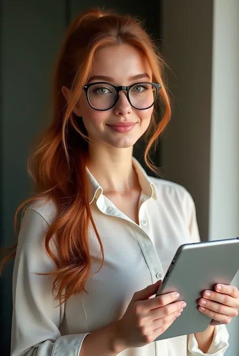 Generate a highly detailed image oF a young woman with long, Flowing auburn hair styled in soFt waves that Frame her Face. She poses conFidently with a calm and relaxed expression, elle a les lunettes de vue. Elle porte une tenue de travail, un ipad et ell...