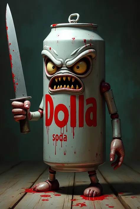 Create image of an angry dolly soda holding a knife