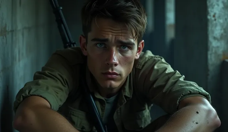 A close-up of a young male soldier, around 2, with short brown hair and piercing blue eyes, his face dirt-streaked and weathered from exhaustion. He’s sitting on a concrete floor inside the bunker, rifle in his lap, looking off into the distance with a pen...