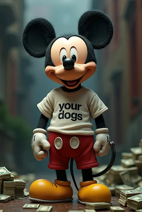 Mickey mouse with tshorrt where it says "Your dogs" and he shall be a dog on the leash and money and drugs shall be there 