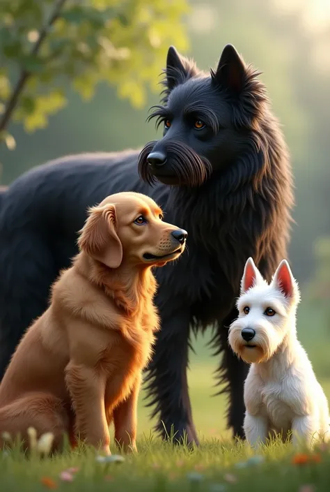 A black hairy dog, a brown golden retriever and a white Schnauzer