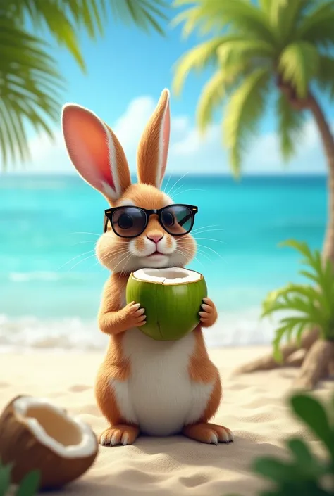 4.	Rabbit wearing sunglasses drinking coconut water on the beach.
	
