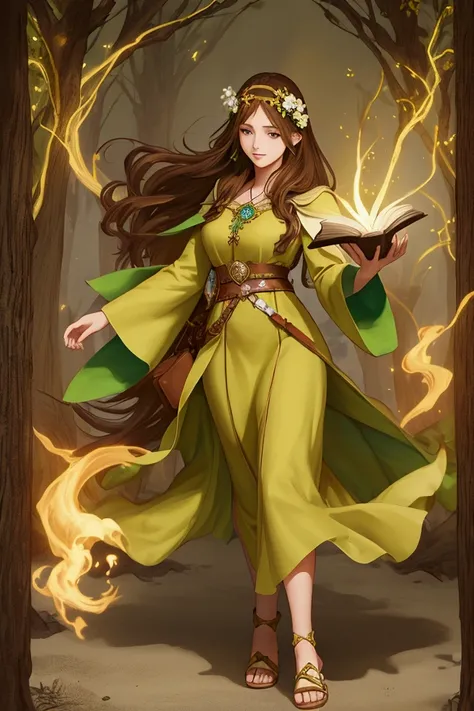 young female human,brown medium hair, full body, medieval fantasy, JRPG game art style, Yellow green long dress, wood slippers,flowers headband, wizard summon spirits, happy, magic book