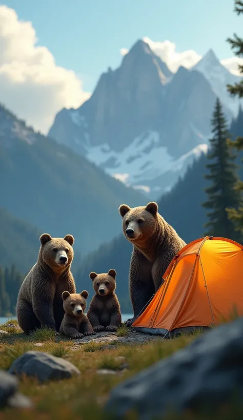 ((8k、distinct、masterpiece、Best Quality、Photorealistic、))、 Front view、There is a shadow、Mountain background、Photorealistic、Portrait Shot、Professional Lighting、A family of bears is camping、There is a tent、No humans