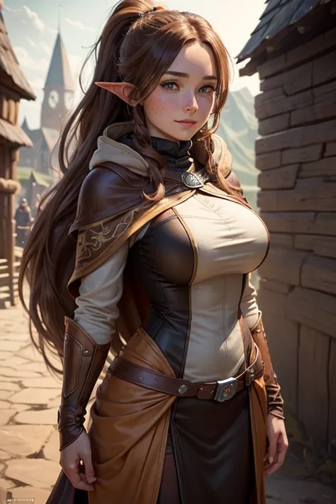 A beautiful village woman with a gentle smile, ((best quality))) (((HD))) (((8k))) (character) 20-year-old woman, ((adventurous)) elf, ((beautiful)), ((brown hair)) and ((very long hair)), voluptuous fit body, large breasts, curvy waist, Racing suit, ponyt...